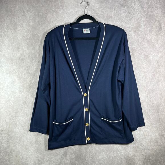 Vintage Aileen Cardigan Sweater Women Large Navy Blue Knit Nautical 90s Academia - Picture 1 of 10